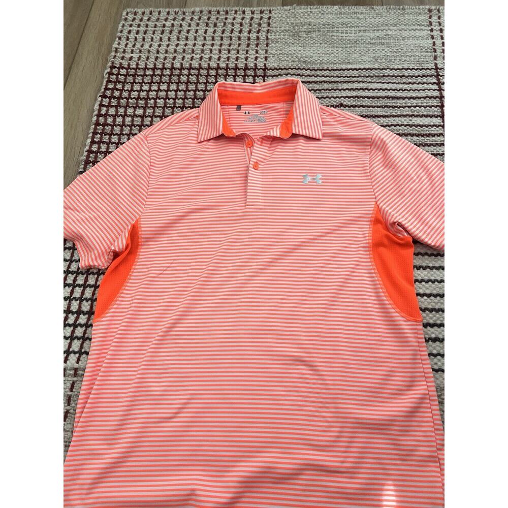 Mens Under Armour Performance Lg Short Sleeve Polo Orange Striped & Blue Stripe